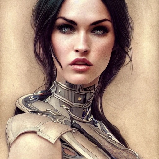 Portrait of beautiful pale gothic maiden megan fox, warhammer 40000, cyberpunk, intricate, elegant, highly detailed, digital painting, artstation, concept art, smooth, sharp focus, illustration, art by artgerm and greg rutkowski and alphonse mucha and Gustav Klimt and Ilya Kuvshinov