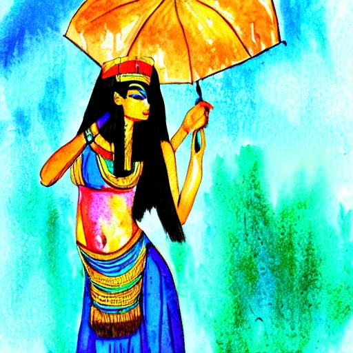 Egyptian goddess in the rain with umbrella, Water Color