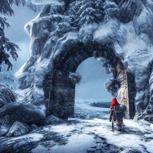 Winter landscape with an ancient entrance of a dwarf mine in the mountain. Runes. Snowy. Cold. Ice. Rocks. Lake. Blizzard. Windy. 4k. Very detailed. In the style of God of War