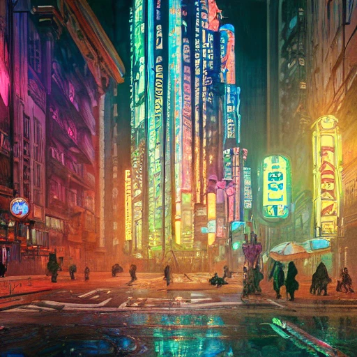A beautiful neon cyberpunk city street at night, apartment, skyscrapers, by alphonse mucha caravaggio monet ,4K resolution, 8K resolution, High resolution, 16:9 , a lot of Decoration and embellishments, sci-fi, photorealistic, highly detailed, sharp focus, clean 8k, volumetric lighting, octane render, ceramic