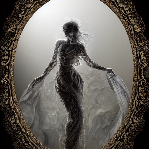 Ghost coming out of a mirror, Intricate Mirror with a beautiful scary ghost coming out, Hyperdetailed, Royo, Ferri, Minguez, glowing edges, Mucha, Cina. Cinematic, WLOP, 8K, concept, sharp focus, rutkowski, detailed, Artgerm, Unity 3D Gerald Brom, Pino Daeni, volumetric lighting, reflection 