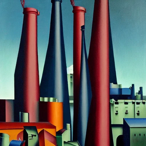 dark blue, dark green, dark red palette, old factory with broken chimneys by George Callaghan, by Tamara de Lempicka, by Catherine Abel   