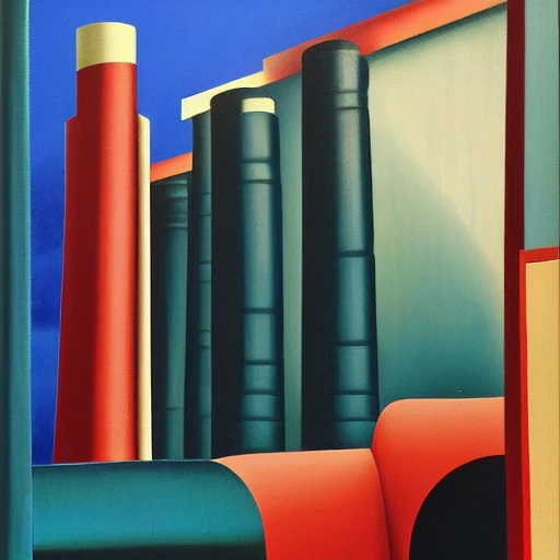 dark blue, dark green, dark red palette, old factory with broken chimneys by George Callaghan, by Tamara de Lempicka, by Catherine Abel