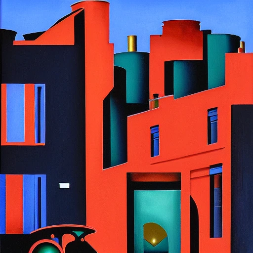 dark blue, dark green, dark red palette, old factory with broken chimneys by George Callaghan, by Tamara de Lempicka, by Catherine Abel