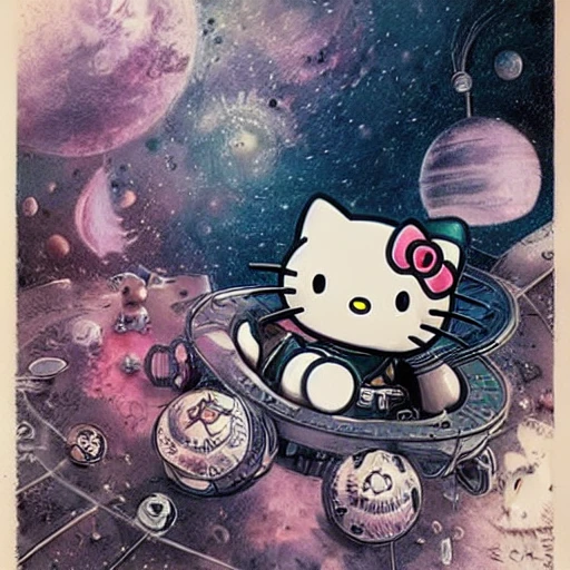 design only Hello Kitty retro future art gothic designs borders lines decorations space machine. big cat. muted colors. by jean - baptiste monge, no text, no logo