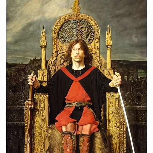 Medieval king on a throne by Edgar Maxence and Caravaggio and Michael Whelan, artistic, intricate drawing, realistic fantasy, extremely detailed and beautiful aesthetic face, postprocessed, 8k resolution, dramatic lighting