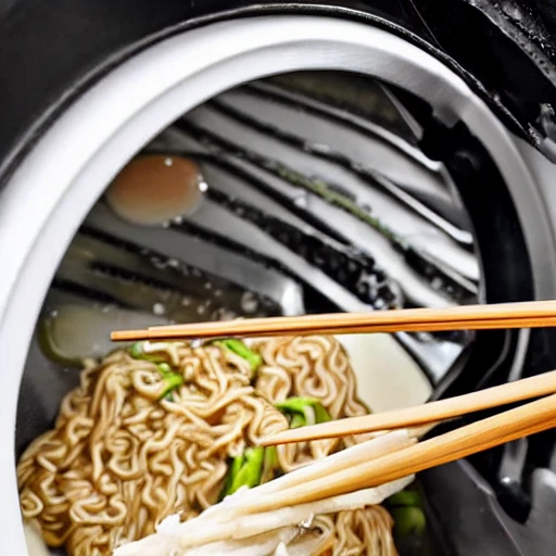 highly detailed close up of gordon ramsay cooking ramen in a washing machine 