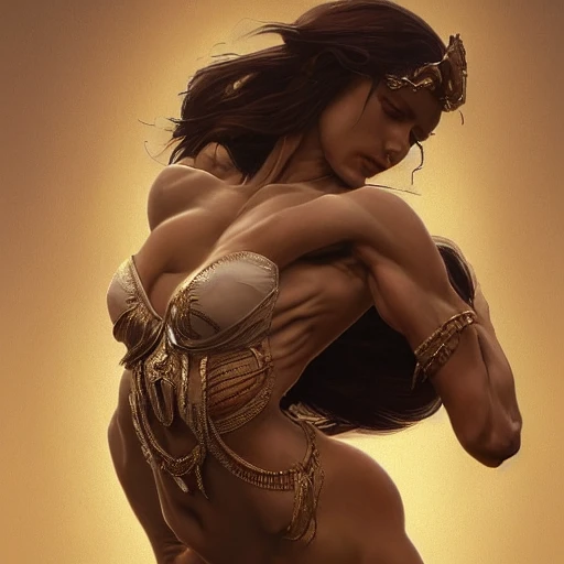 muscular goddess dancer of the underworld, crooked nose, shiny, intricate, elegant, higly detailed, ultra definition, digital painting, artstation, vray, concept art, smooth, high speed photography, illustration, art by artgerm and greg rutkowski and alphonse mucha and james jean