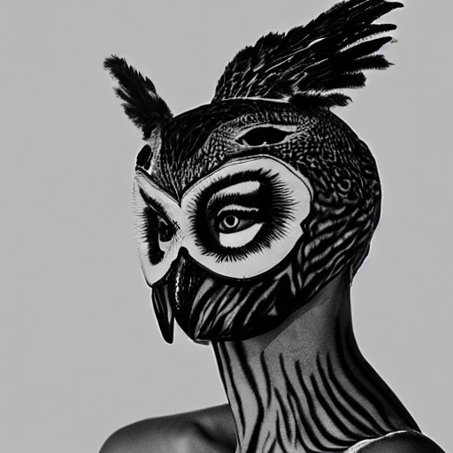 Black and white photo of a perfect body nude woman wearing an owl mask, [full view], high contrast, high details, by Stéphane de Bourgies, studio quality, dramatic lighting, 8 k, hi res, Pencil Sketch