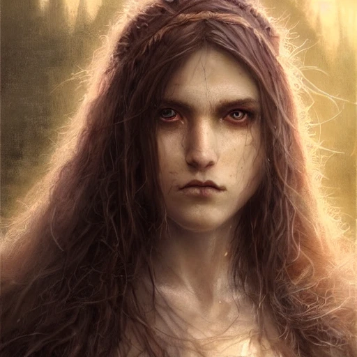 1girl, female noble born half-elf druid, Jaheira, brown hair, look at viewer, beautiful detailed face, perfect eyes, perfect lips, extremely detailed, 8K wallpaper, portrait, extremely detailed oil painting by greg rutkowski and Luis Royo and Tom Bagshaw and Seb McKinnon, trending on artstation, in the style of Wizards of the coast