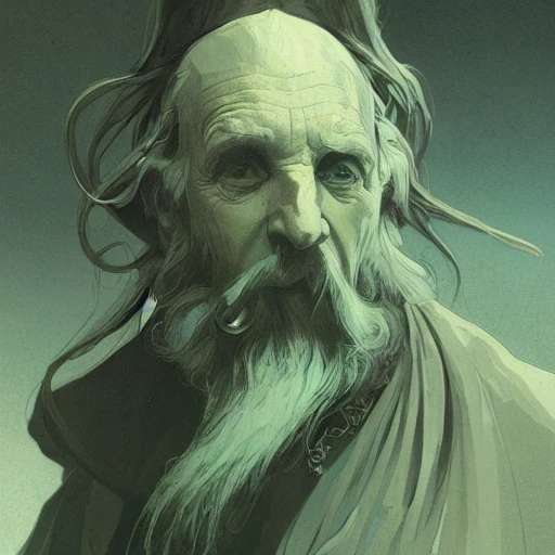 Concept art of an old man by greg rutkowski and alphonse mucha, lord of the rings, d&D, magic the gathering, ancient, forest, emerald, intricate, highly detailed, digital painting, artstation, concept art, smooth, sharp focus, illustration, Unreal Engine 5, 8K