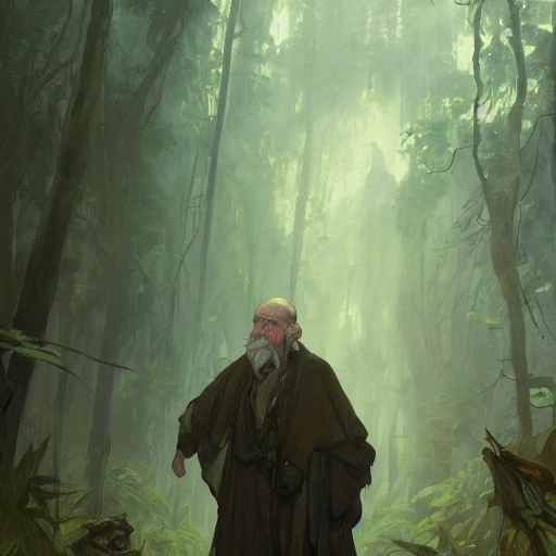 Concept art of an old man by greg rutkowski and alphonse mucha, lord of the rings, d&D, magic the gathering, ancient, forest, emerald, intricate, highly detailed, digital painting, artstation, concept art, smooth, sharp focus, illustration, Unreal Engine 5, 8K