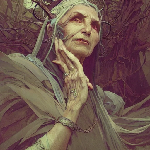 Concept art of an old witch by greg rutkowski and alphonse mucha, lord of the rings, d&D, magic the gathering, ancient, forest, emerald, intricate, highly detailed, digital painting, artstation, concept art, smooth, sharp focus, illustration, Unreal Engine 5, 8K