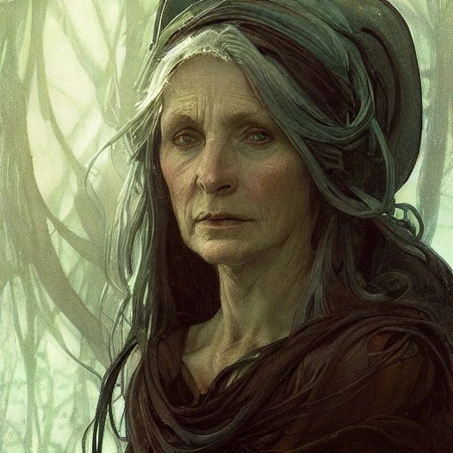 Portrait of an old witch by greg rutkowski and alphonse mucha, lord of the rings, d&D, magic the gathering, ancient, forest, emerald, intricate, highly detailed, digital painting, artstation, concept art, smooth, sharp focus, illustration, Unreal Engine 5, 8K