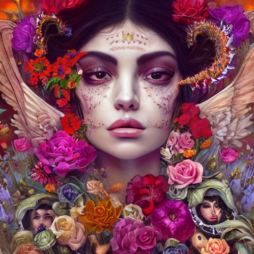 portrait of the mexican queen of the underworld, surrounded by flowers by karol bak, james jean, tom bagshaw, rococo, sharp focus, trending on artstation, cinematic lighting, hyper realism, octane render, 8 k, hyper detailed. , Trippy, 3D, 3D