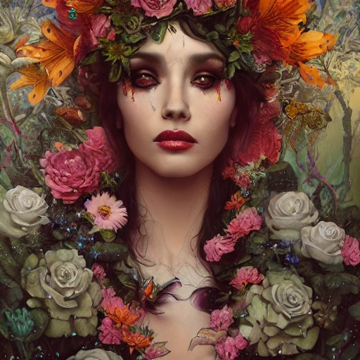 portrait of the mexican queen of the underworld, surrounded by flowers by karol bak, james jean, tom bagshaw, rococo, sharp focus, trending on artstation, cinematic lighting, hyper realism, octane render, 8 k, hyper detailed. , Trippy, 3D, 3D