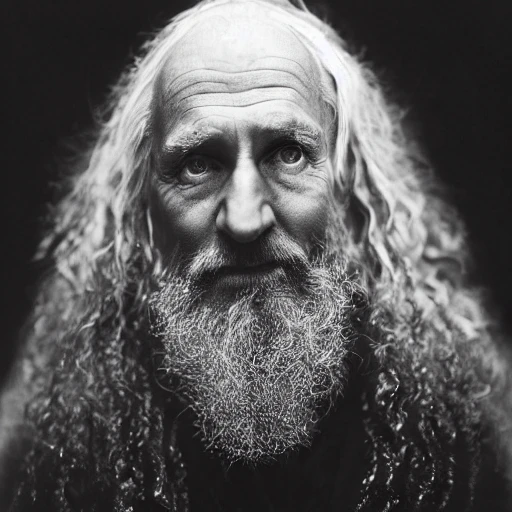 Merlin the druid, by Annie leibovitz, studio lighting, softbox, detailed, high contrast black and white photography