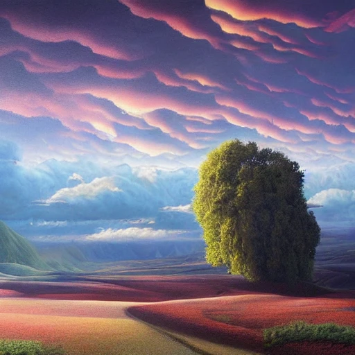 Landscape surrealism painting by mario martinez, by tokio aoyama, ultra realistic, highly detailed, hypermaximalist, pastel colors, epic, masterpiece, dramatic lighting, fractals, 8 k, depth of field 