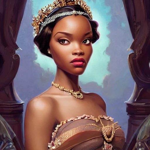 Pixar, Disney, Stan Lee, Portrait of the beautiful brown skin gothic duchess in in evening dress with a diamond diadem on the head, intricate, elegant, highly detailed, digital painting, art stations, concept art, smooth, sharp focus, illustration, art by artgerm and greg rutkowski and Alphonse Mucha and Gustav Klimt and Ilya Kuvshinov, 3D