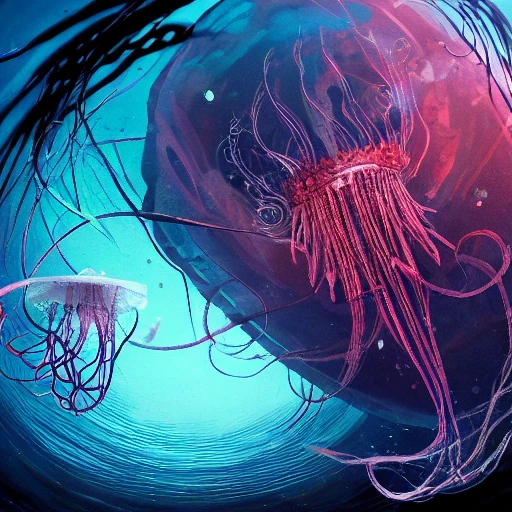 underwater, jellyfish, bioluminescent, Detailed and Intricate, world of darkness, Beautiful Lighting, colorful, Dynamic Lighting, Intricate Environment, 8k, Creature Design, Portrait. Rule of thirds.