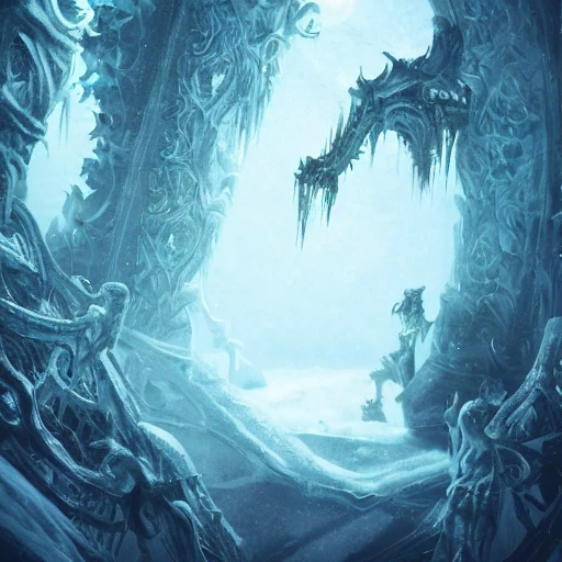 Nightmare, horror, Throne, ice, snow, Detailed and Intricate, world of darkness, Beautiful Lighting, colorful, Dynamic Lighting, Intricate Environment, 8k, Creature Design, Portrait. Rule of thirds.