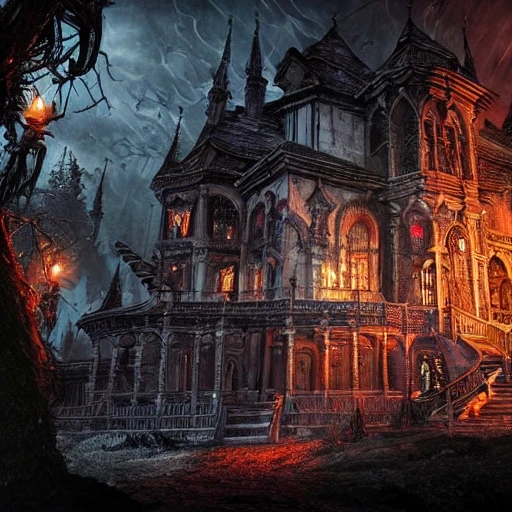 A sinister castle, horror, Detailed and Intricate, world of darkness, Beautiful Lighting, colorful, Dynamic Lighting, Intricate Environment, 8k, Portrait. Rule of thirds.