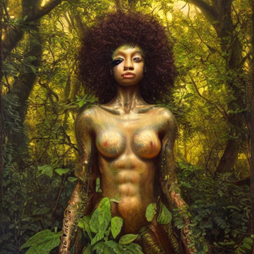 hyperrealistic raphaelite super expressive! black woman with detailed exoskeleton armor, merging with tree in a forest, digital painting masterpiece brad kunkle hannah yata dramatic pearlescent yellow light high angle hd 8k sharp focus