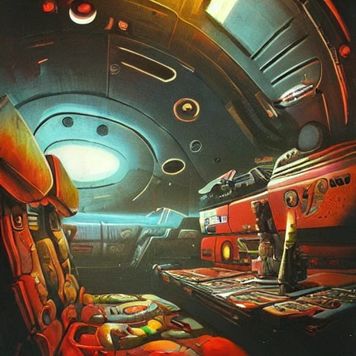 interior in spaceship with blood, zombie in space costum, For, Beautiful Lighting, by Chris Foss, Hard Edge Painting, Detailed and Intricate
