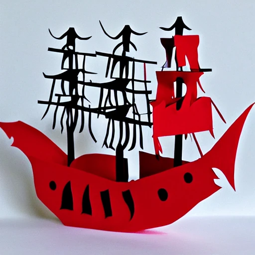Paper cut craft pirate ship on red moon night, 3D
