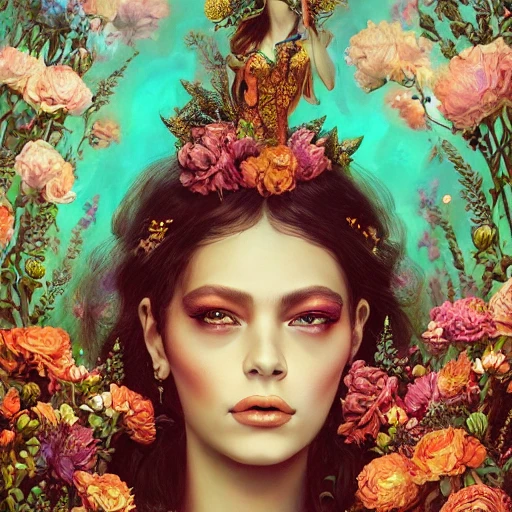 portrait of the mexican queen of the underworld, surrounded by flowers by karol bak, james jean, tom bagshaw, rococo, sharp focus, trending on artstation, cinematic lighting, hyper realism, octane render, 8 k, hyper detailed. , Trippy, 3D, 3D