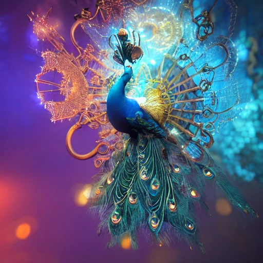 symmetrical! unrealistic, highly detailed, close-up portrait of an intricate steampunk, celestial snow peacock wearing a tinsel, rendered hazel eyes, surrounded by colored smoke, night background, trending on artstation, masterpiece, 64k, octane render, volumetric lighting,  art by artgem and greg rutkowski, digital, 8K wallpaper 