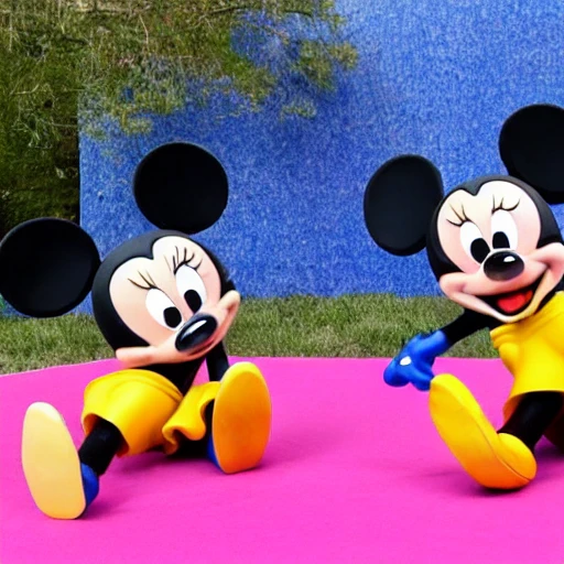 Mickey and Minnie are sitting on a blue mat, in the park. They are going to eat sandwich for picnic lunch.