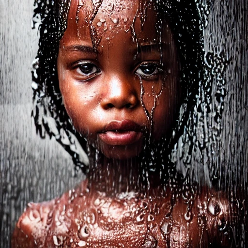 Beautiful african baby standing in the rain dripping wet, intricate, elegant, highly detailed, masterpiece, trending on artstation, digital art, look at viewer, {{beautiful detailed face}}, perfect eyes, perfect lips, perfect iris, 8K wallpaper, portrait, by Peter Coulso