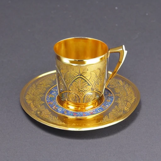 art deco ornate enamelled, gold lined coffee cup with saucer, 3d, 