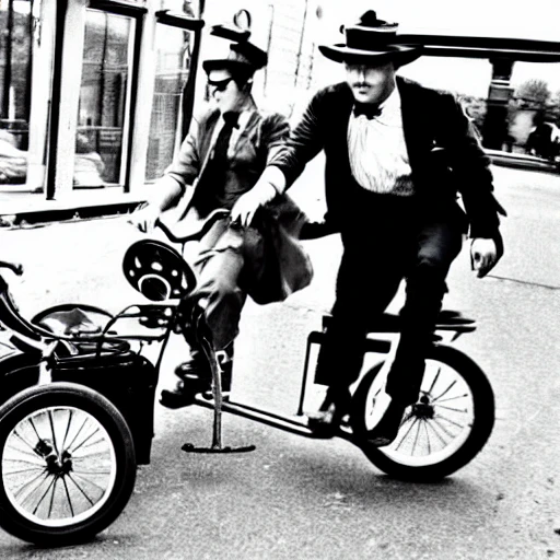 an old timey cops and robbers chase on tricycles