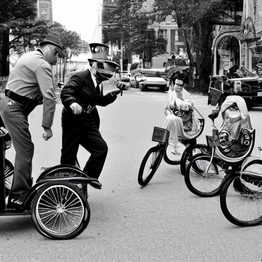 an old timey cops and robbers chase on tricycles, Trippy