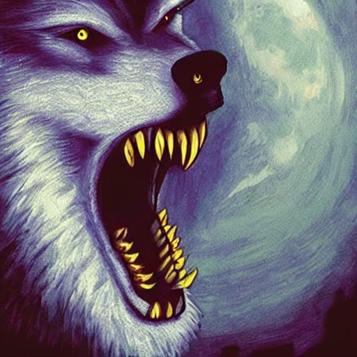 werewolf howling at moon, sharp teeth, high detail, hyper realistic