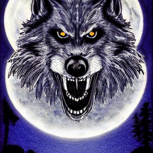 werewolf howling at moon, sharp teeth, high detail, hyper realistic, Trippy