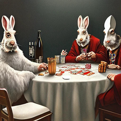 Monty python holy grail killer rabbit playing poker, hyper realistic, 3D