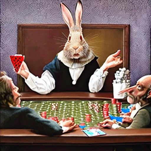 Monty python holy grail killer rabbit playing poker, hyper realistic, 3D