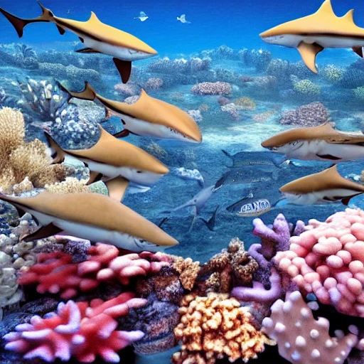 sharks in coral reef, hyper realistic, 3D