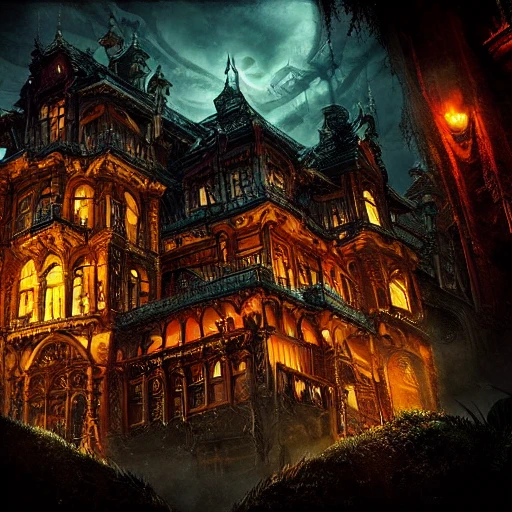 A sinister castle, horror, Detailed and Intricate, world of darkness, Beautiful Lighting, colorful, Dynamic Lighting, Intricate Environment, 8k, Portrait. Rule of thirds.