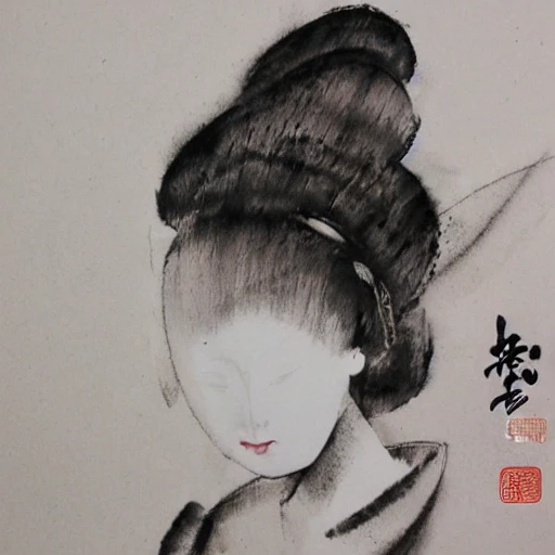 Tradition Chinese Ink Painting，DreamWorks Pictures，Rococo，Beautiful ginger， Pencil Sketch, 3D, Water Color