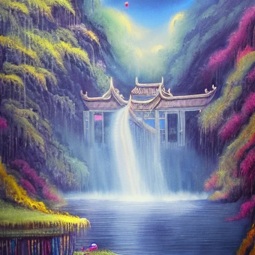 A beautiful painting, Chinese palace, waterfall under clouds, soft light, fairy tale, dream, under the waterfall is a big lake, clear water, smoke, water drops, fairy tale style, HD 8k, Water Color