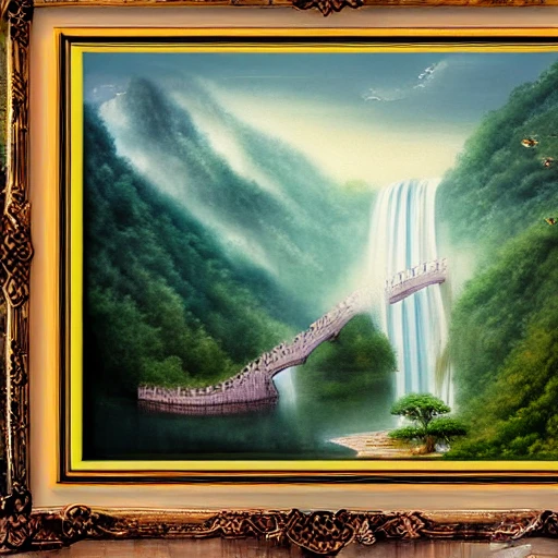 A beautiful painting, Chinese palace, waterfall under clouds, soft light, fairy tale, dream, under the waterfall is a big lake, clear water, smoke, water drops, fairy tale style, HD 8k, Water Color, Oil Painting