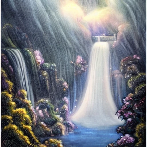 A beautiful painting, Chinese palace, waterfall under clouds, soft light, fairy tale, dream, under the waterfall is a big lake, clear water, smoke, water drops, fairy tale style, HD 8k, , Pencil Sketch