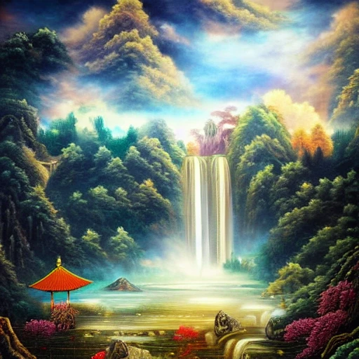A beautiful painting, Chinese palace, waterfall under clouds, soft light, fairy tale, dream, under the waterfall is a big lake, clear water, smoke, water drops, fairy tale style, HD 8k, Trippy