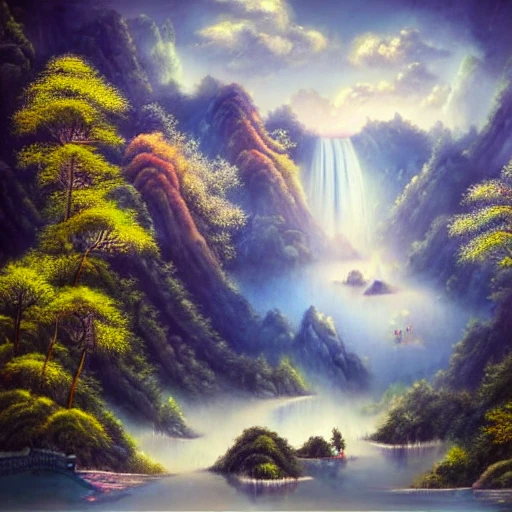 A beautiful painting, Chinese palace, waterfall under clouds, soft light, fairy tale, dream, under the waterfall is a big lake, clear water, smoke, water drops, fairy tale style, HD 8k, Trippy, --ar 9:16 ,