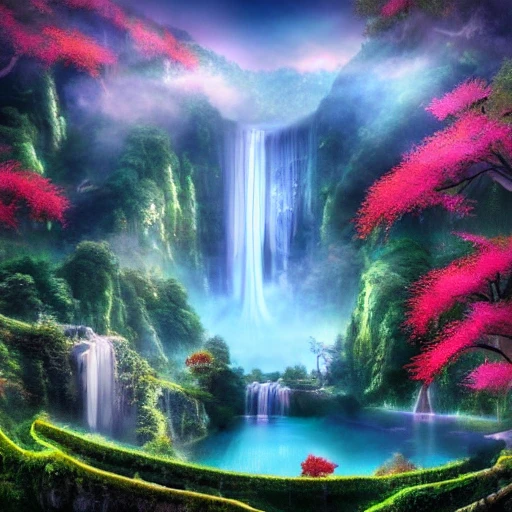 A beautiful painting, Chinese palace, waterfall under clouds, soft light, fairy tale, dream, under the waterfall is a big lake, clear water, smoke, water drops, fairy tale style, HD 8k, Trippy, --ar 16:9 ,