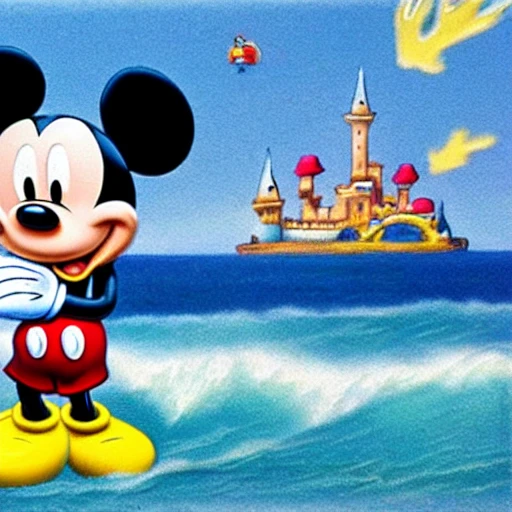 Mickey Mouse falls into the sea